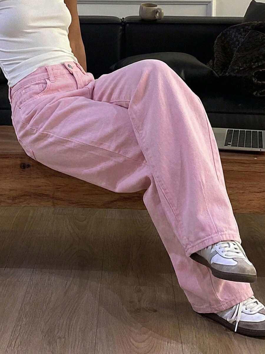 różowe spodnie jeans zamek