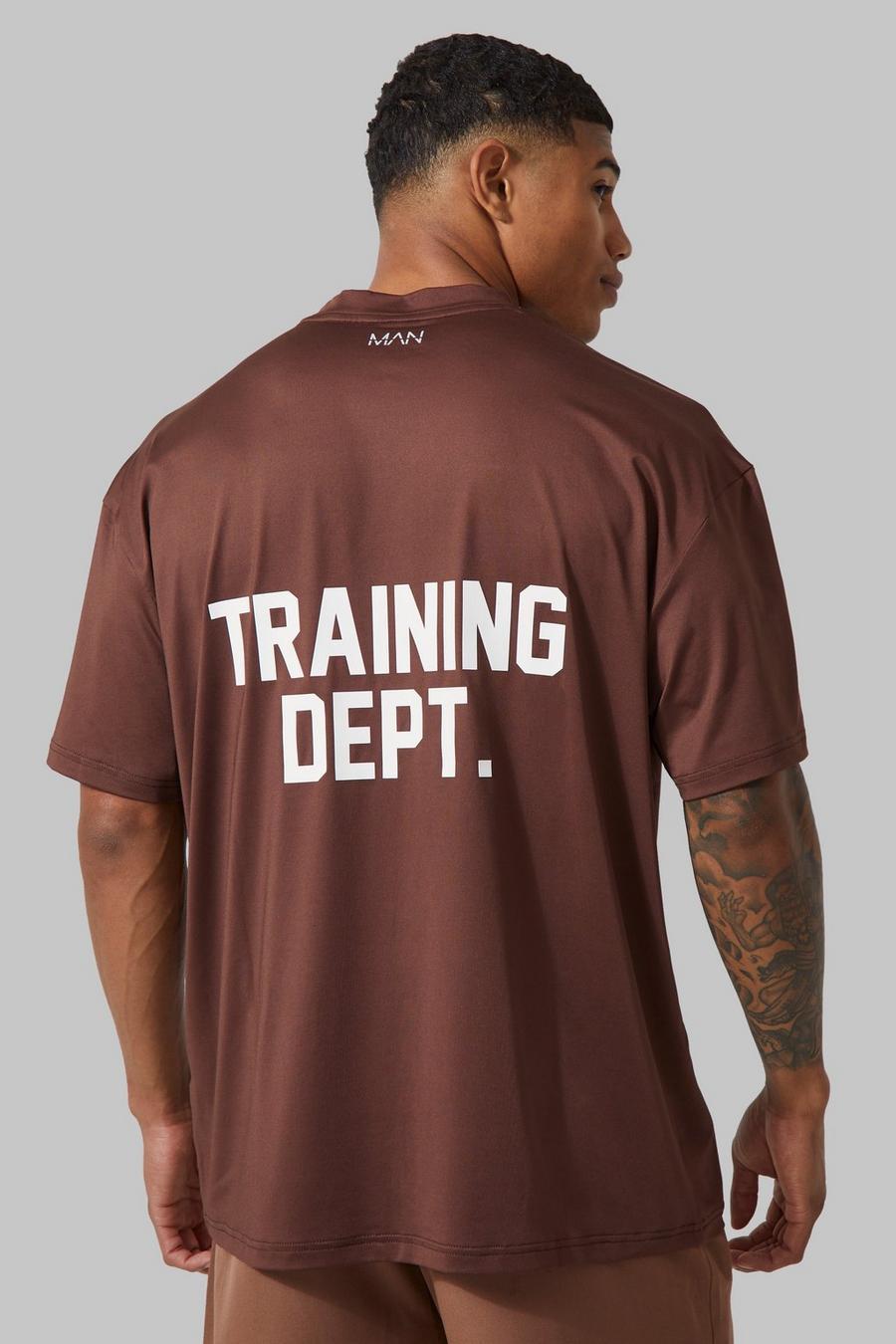 BRĄZOWY T-SHIRT NADRUK TRAINING DEPT OKRĄGŁY DEKOLT