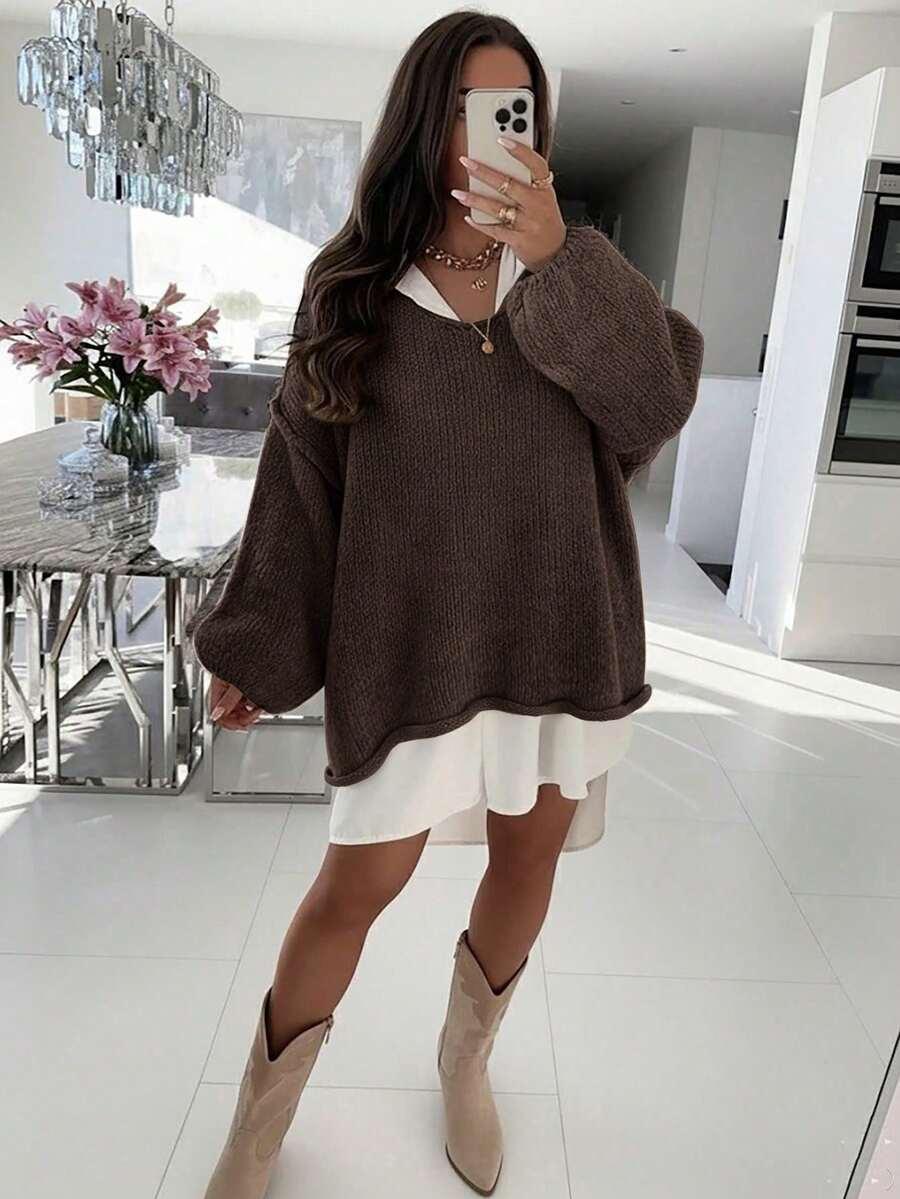 BRĄZOWY SWETER DZIANINA 