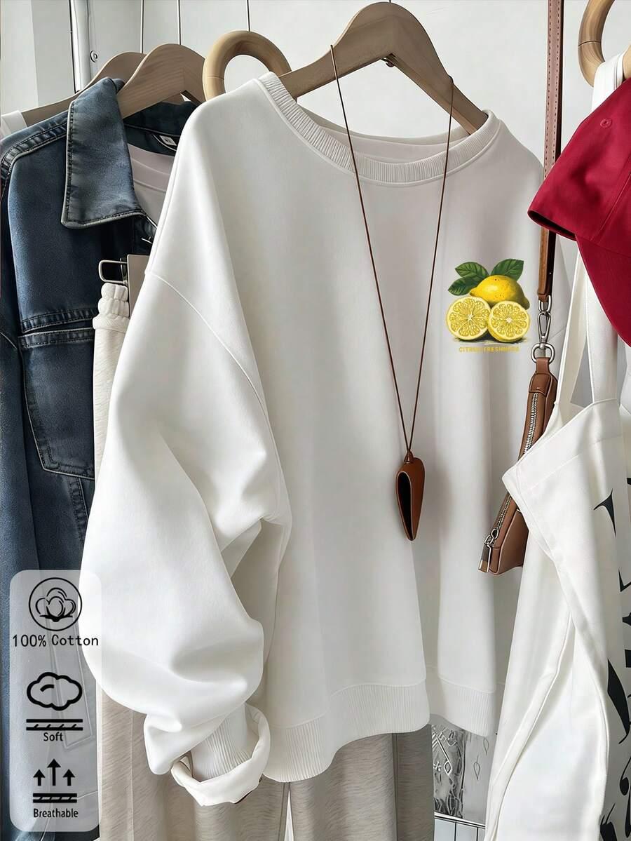 BIAŁA BLUZA OKRĄGŁY DEKOLT nadruk cytryna