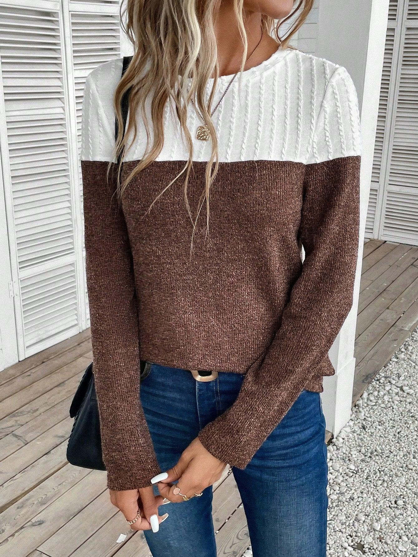 brązowy dzianinowy sweter łączenie kontrast tekstura