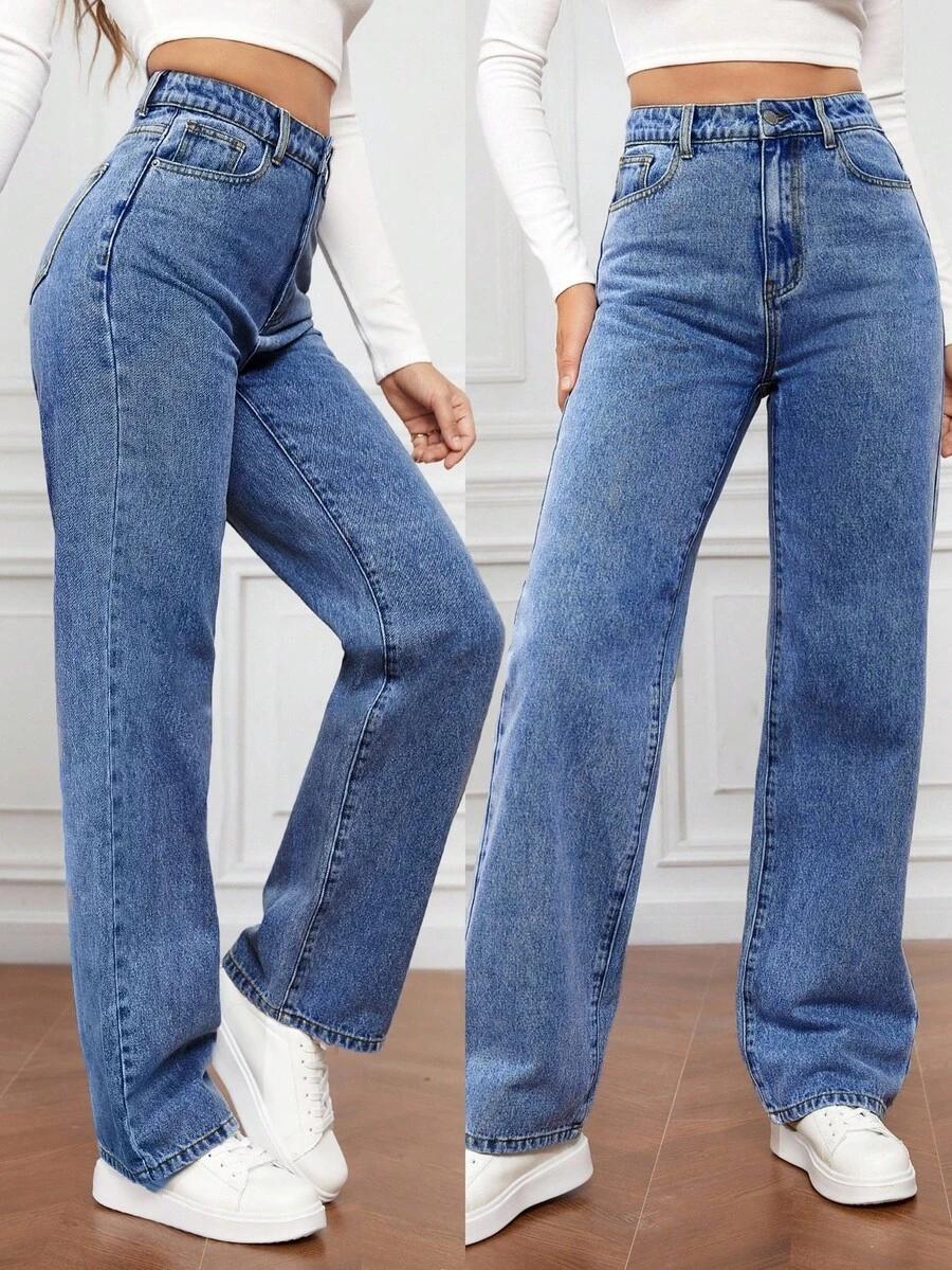 niebieskie spodnie proste jeans wysoki stan
