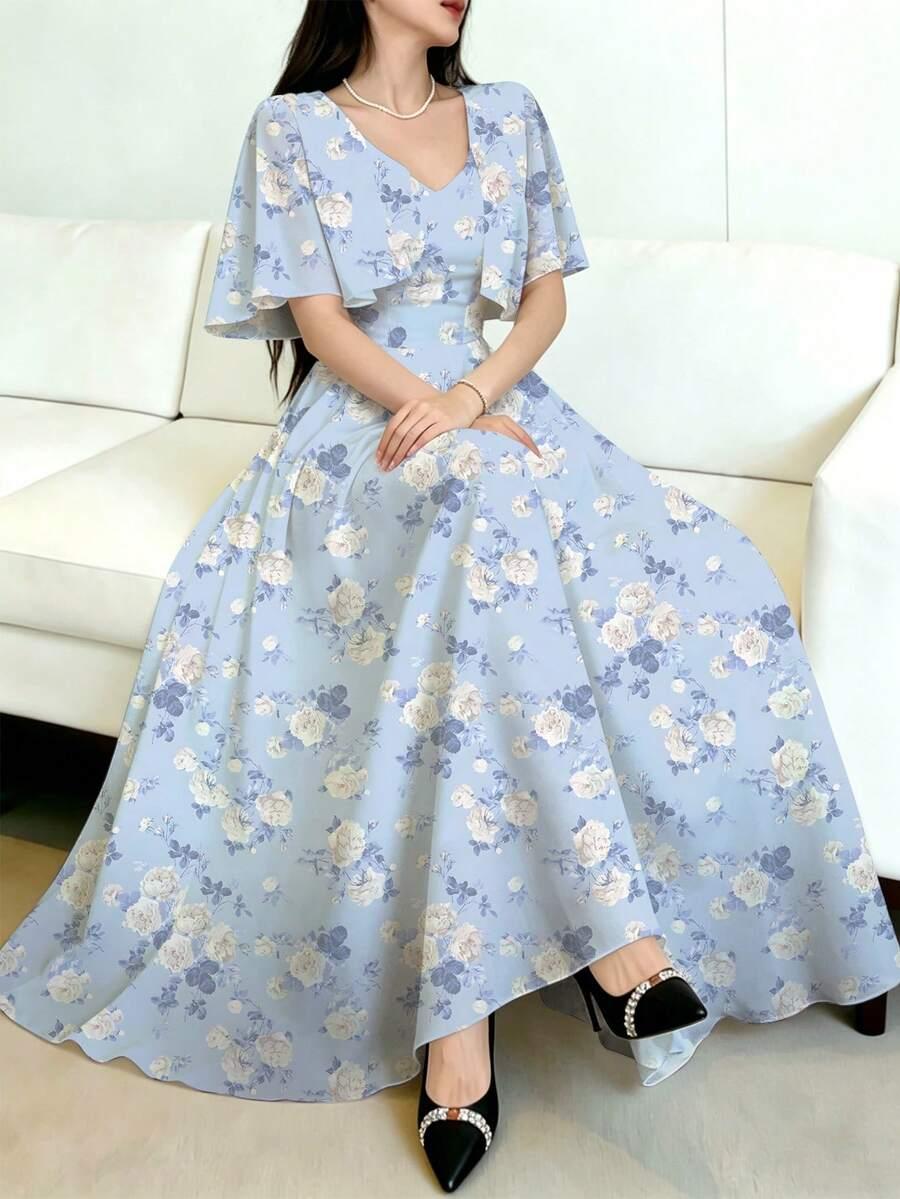 niebieska maxi sukienka kwiaty