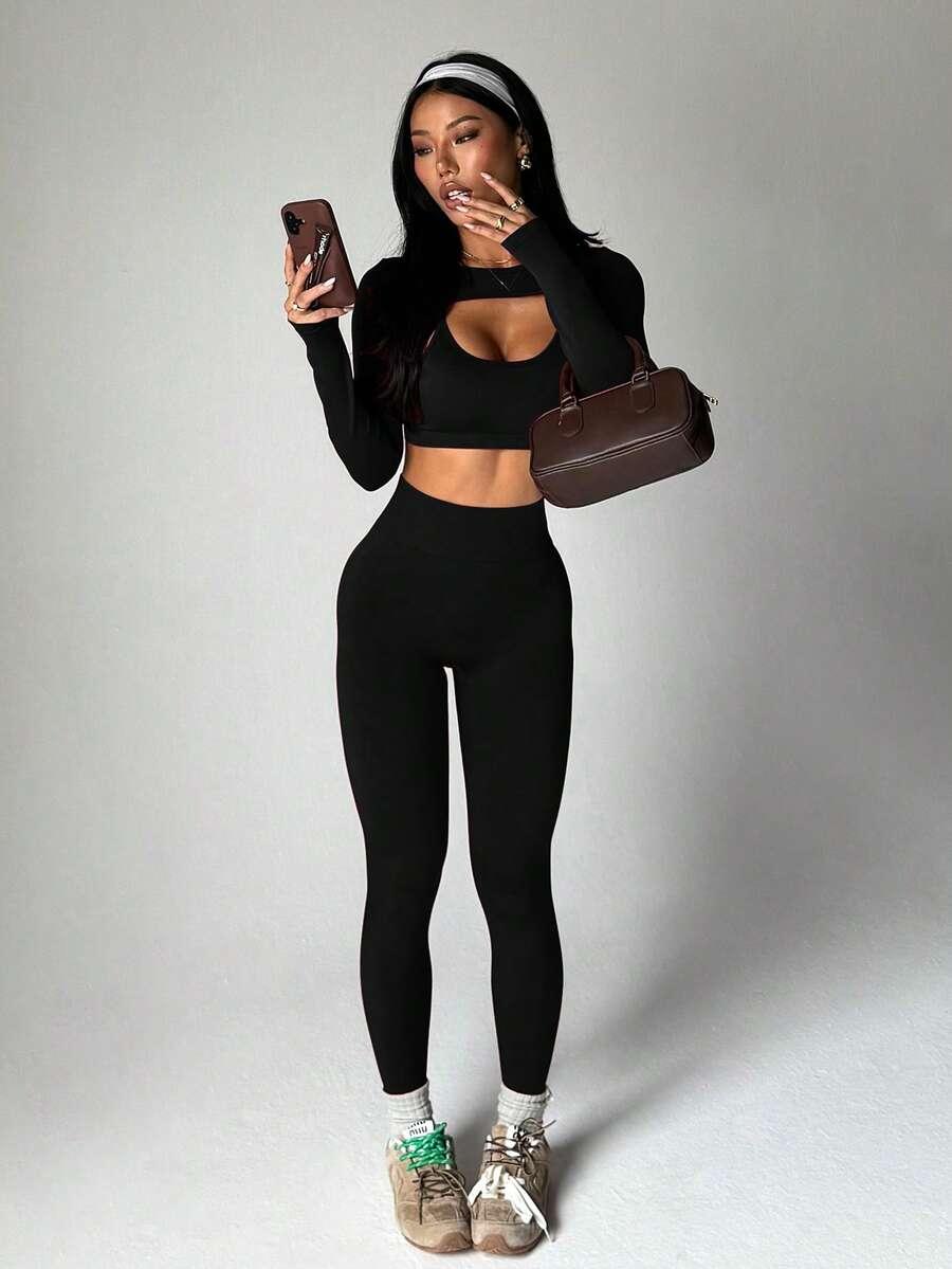 legginsy top narzutka komplet sportowy