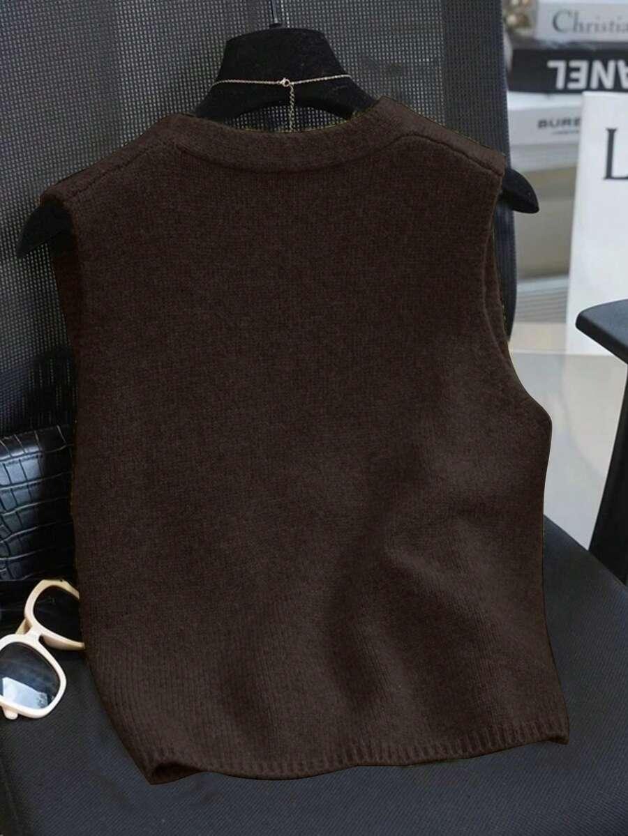 BRĄZOWA DZIANINOWA KAMIZELKA V-NECK GUZIKI