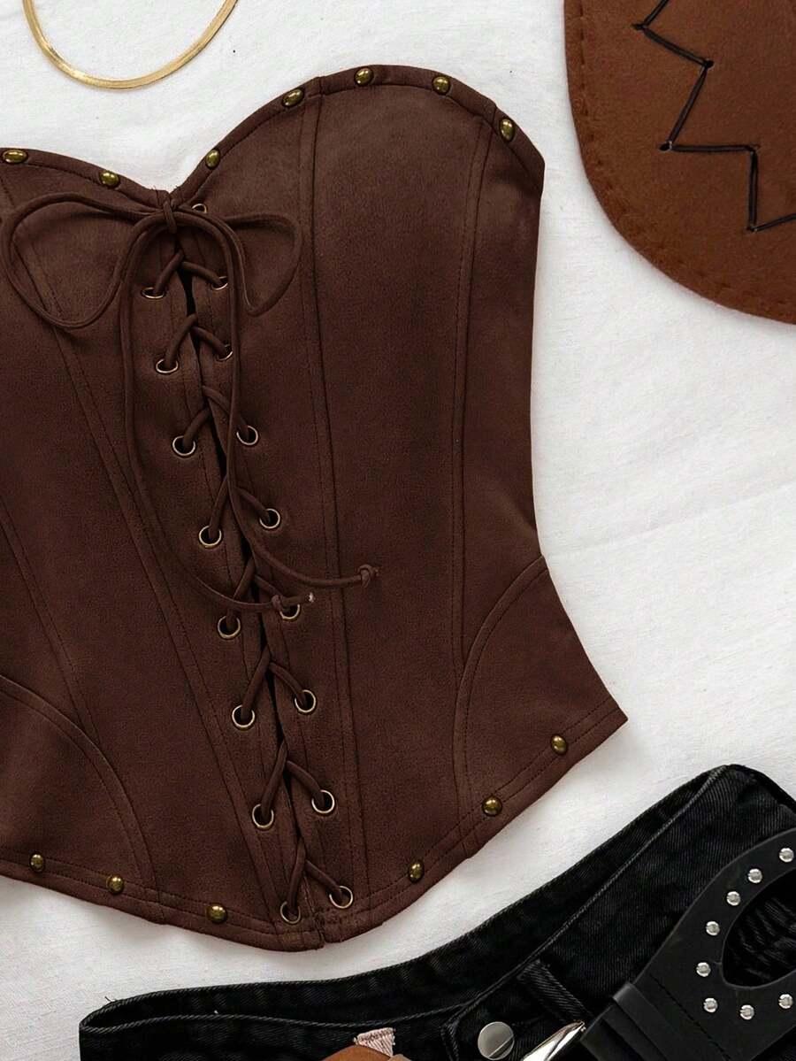 BRĄZOWY TOP IMITACJA ZAMSZU WIĄZANIE