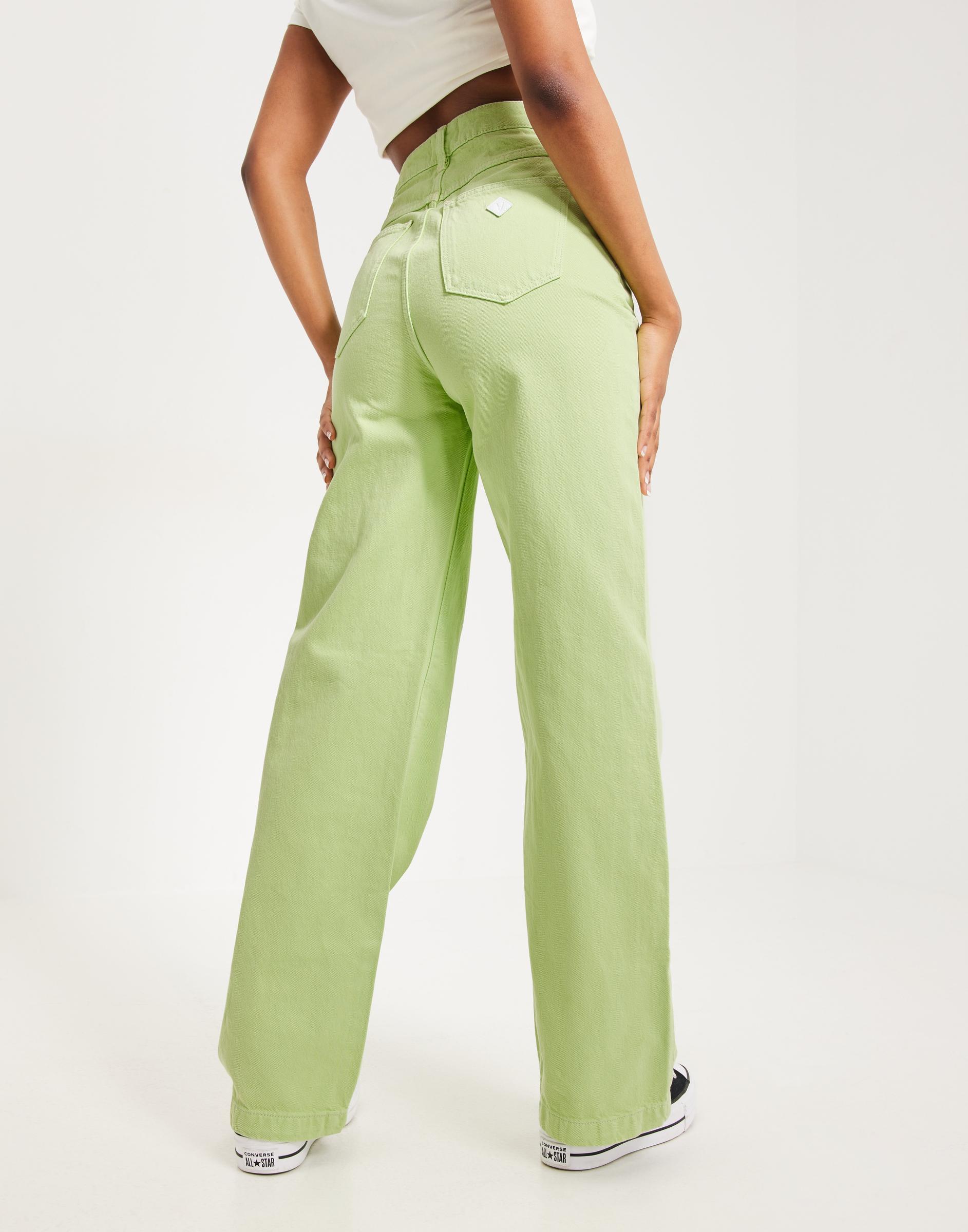 zielone proste spodnie jeans wysoki stan