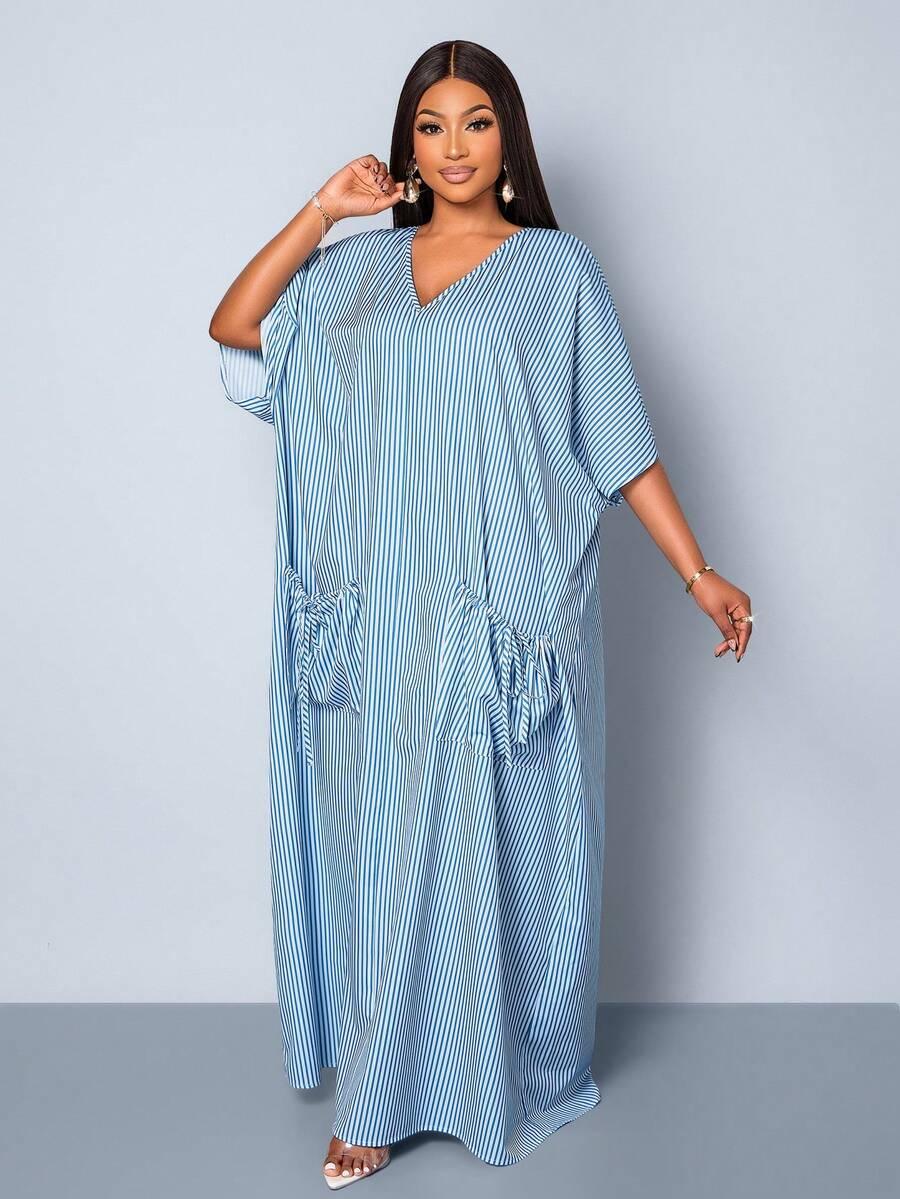 MAXI SUKIENKA WZÓR paski v-neck