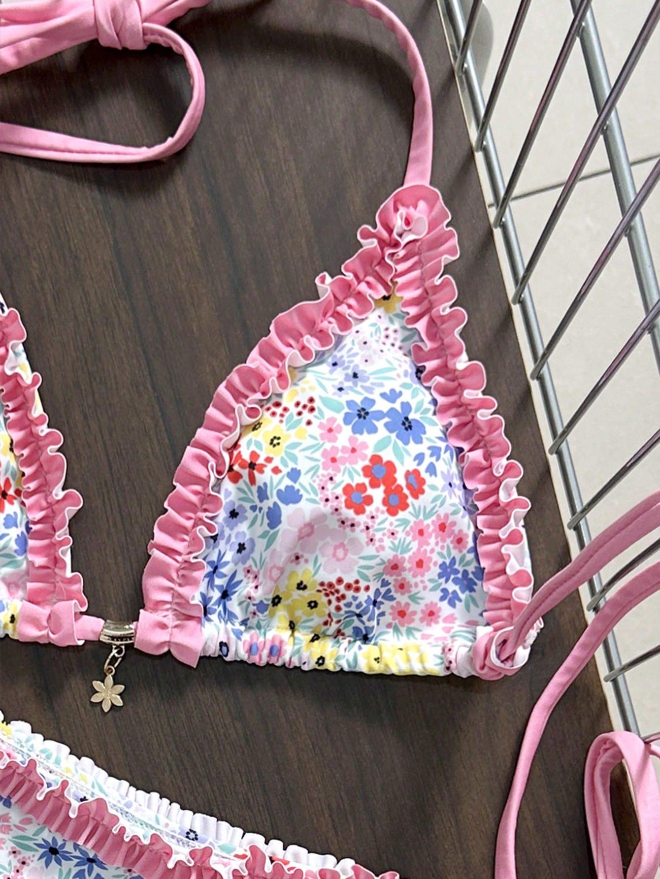 KOMPLET BIKINI WIĄZANY W KWIATY