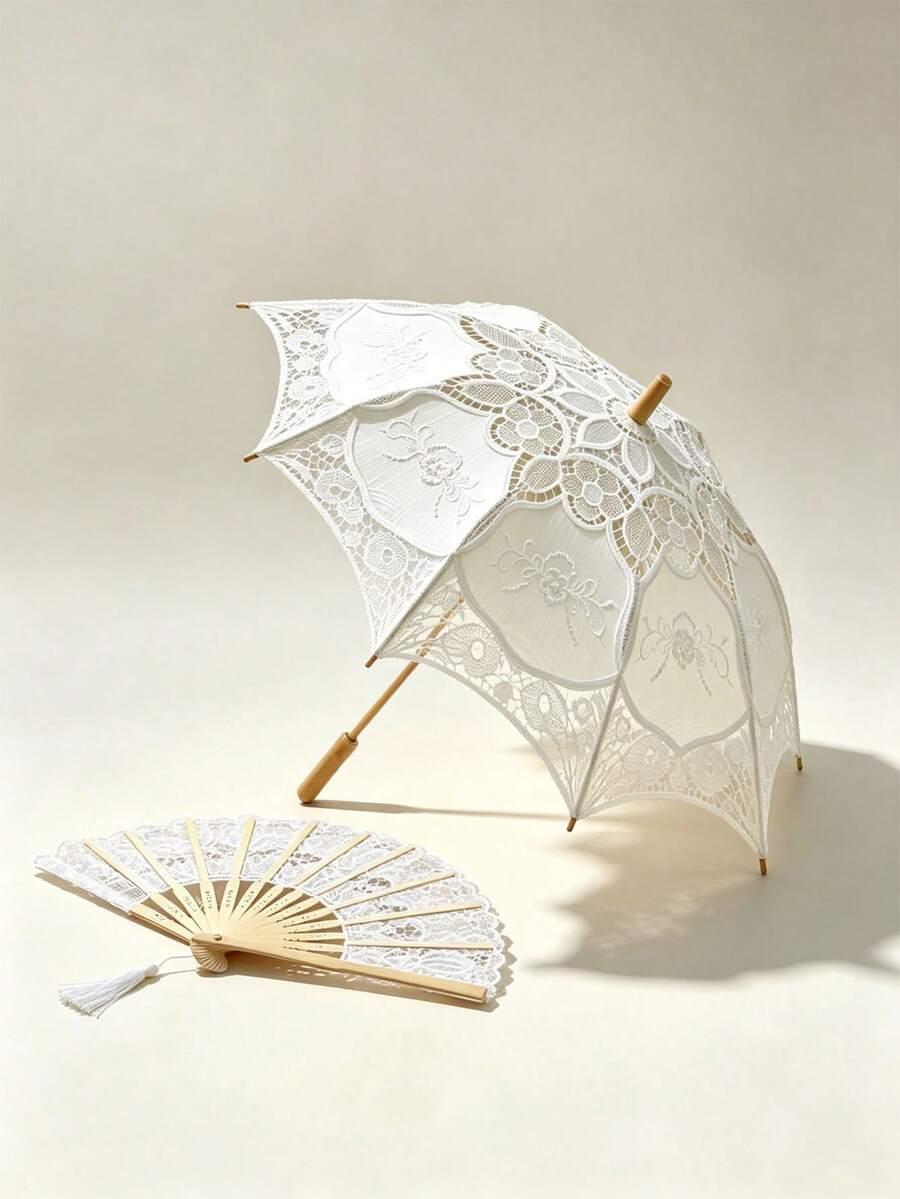 Biały koronkowy parasol przeciwsłoneczny