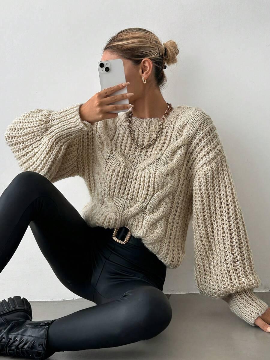 BEŻOWY SWETER DZIANINA 