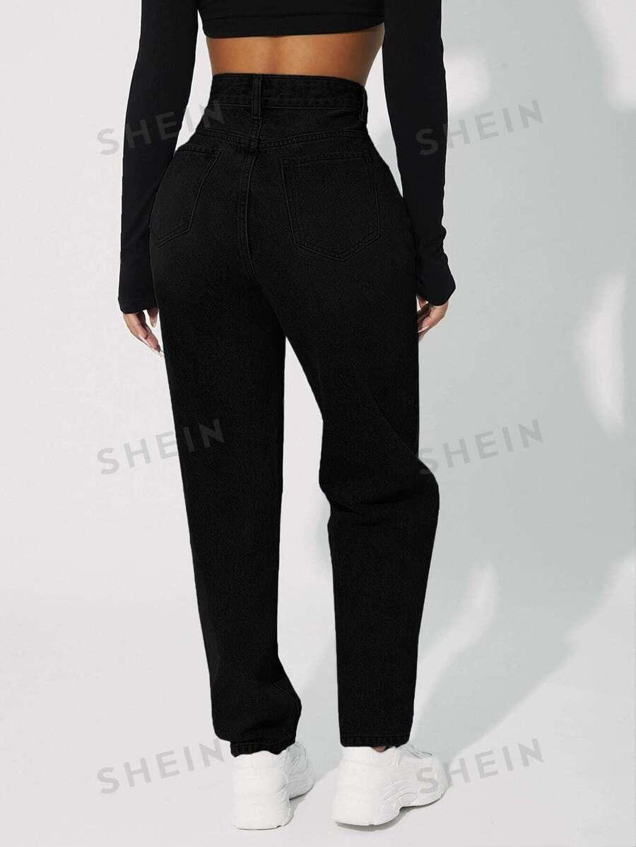 CZARNE SPODNIE MOM JEANS KIESZENIE ZAMEK