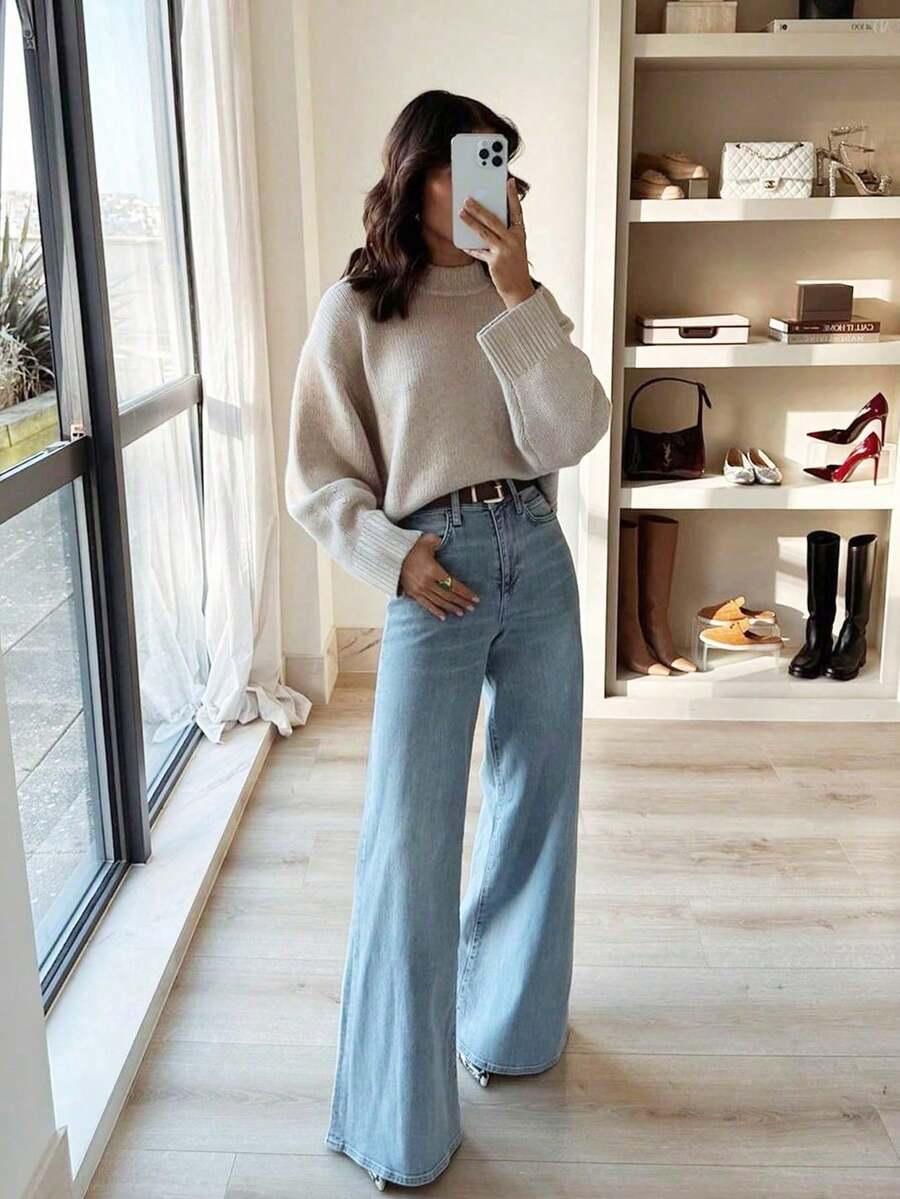 BEŻOWY DZIANINOWY SWETER