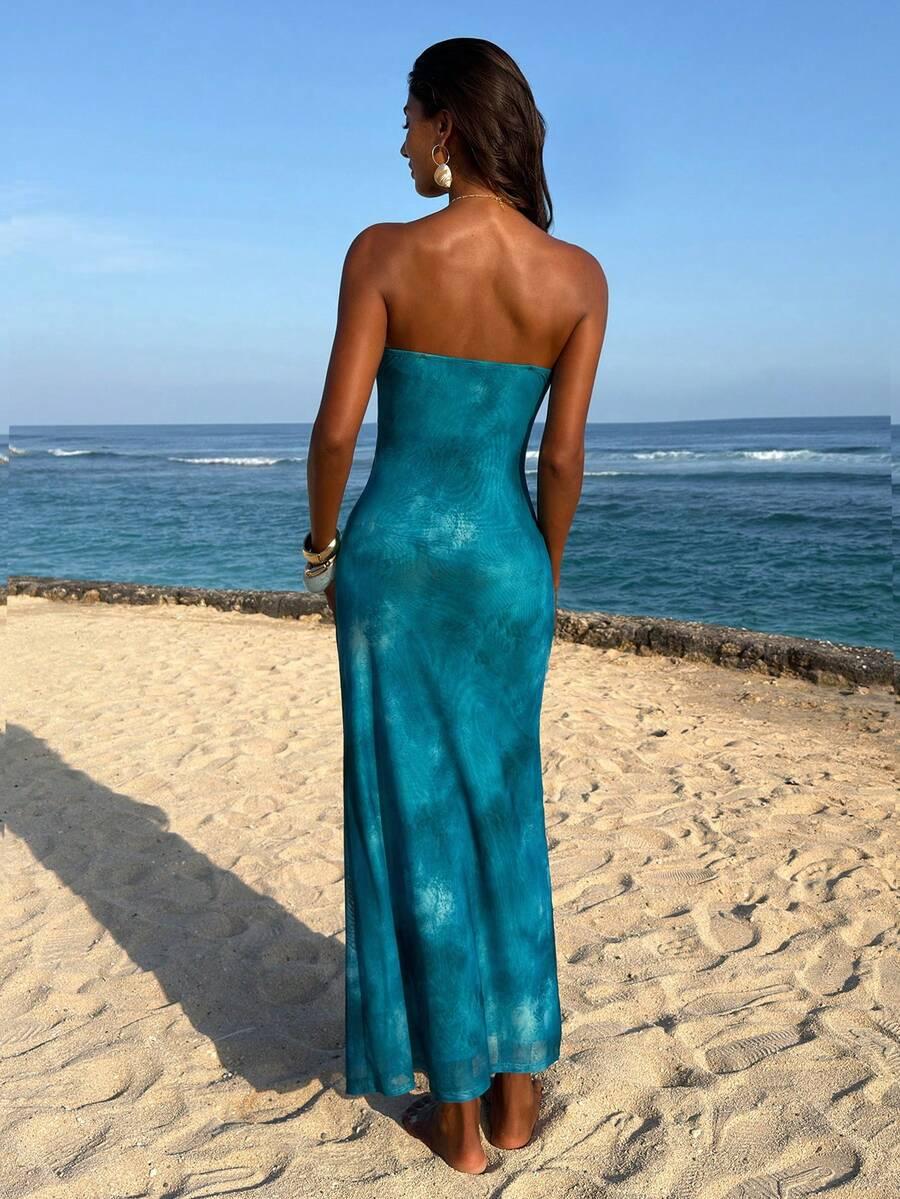sukienka maxi odkryte ramiona wzór tie dye