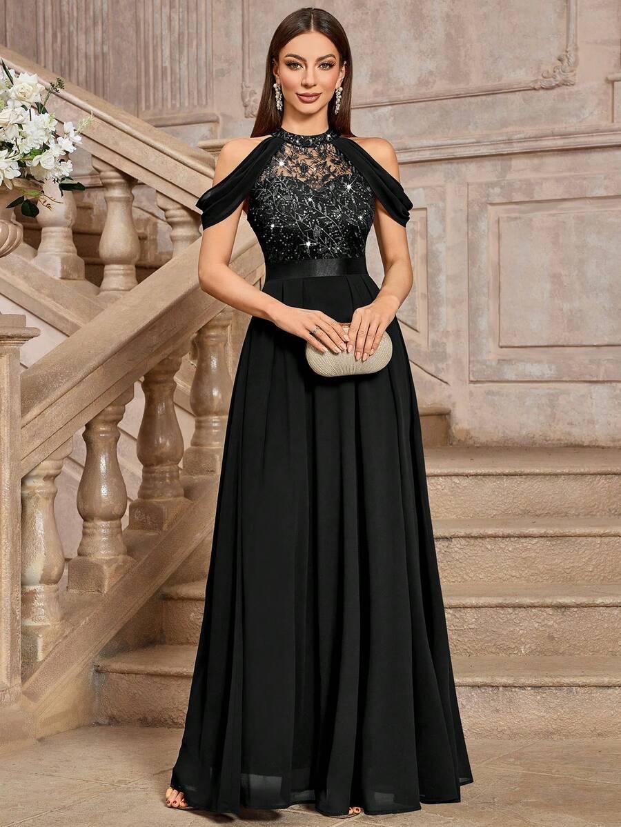 CZARNA MAXI SUKIENKA ZDOBIENIE