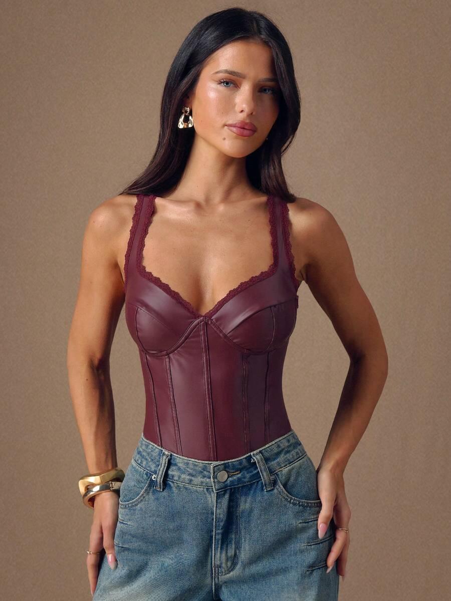 bordowe body imitacja skóry