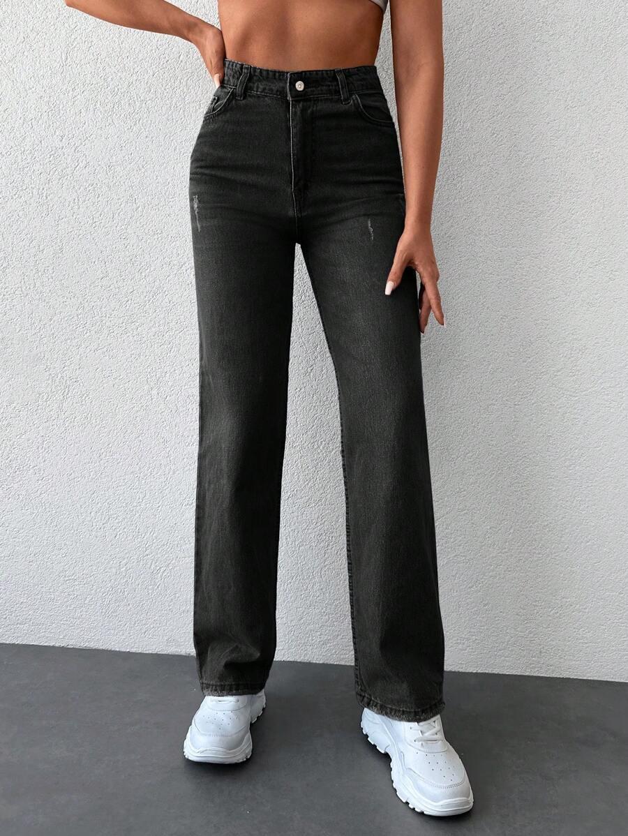 spodnie jeans proste nogawki wysoki stan ripped