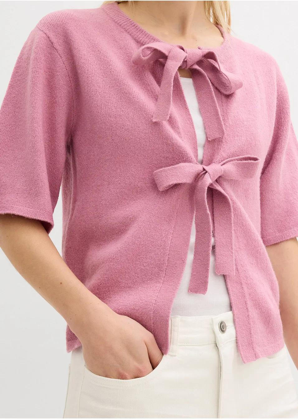 SWETER DAMSKI ROZPINANY Z WIĄZANYM DEKOLTEM