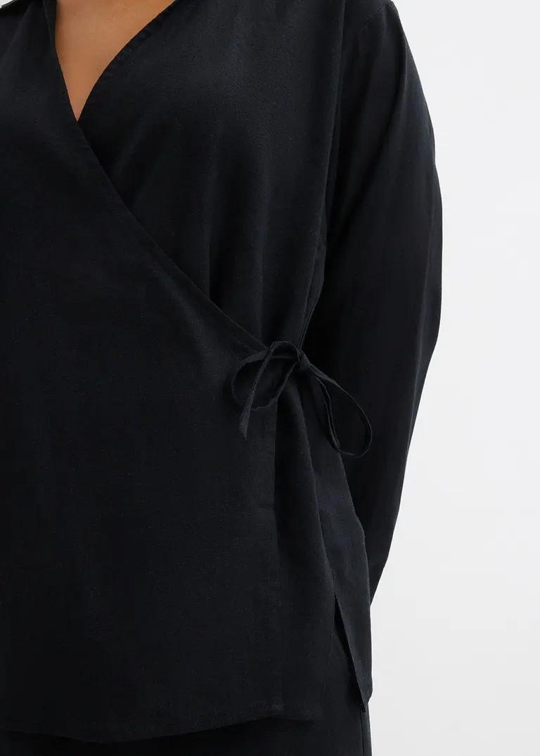 BLUZKA DAMSKA PLUS SIZE LNIANA Z DŁUGIM RĘKAWEM I KOPERTOWYM DEKOLTEM